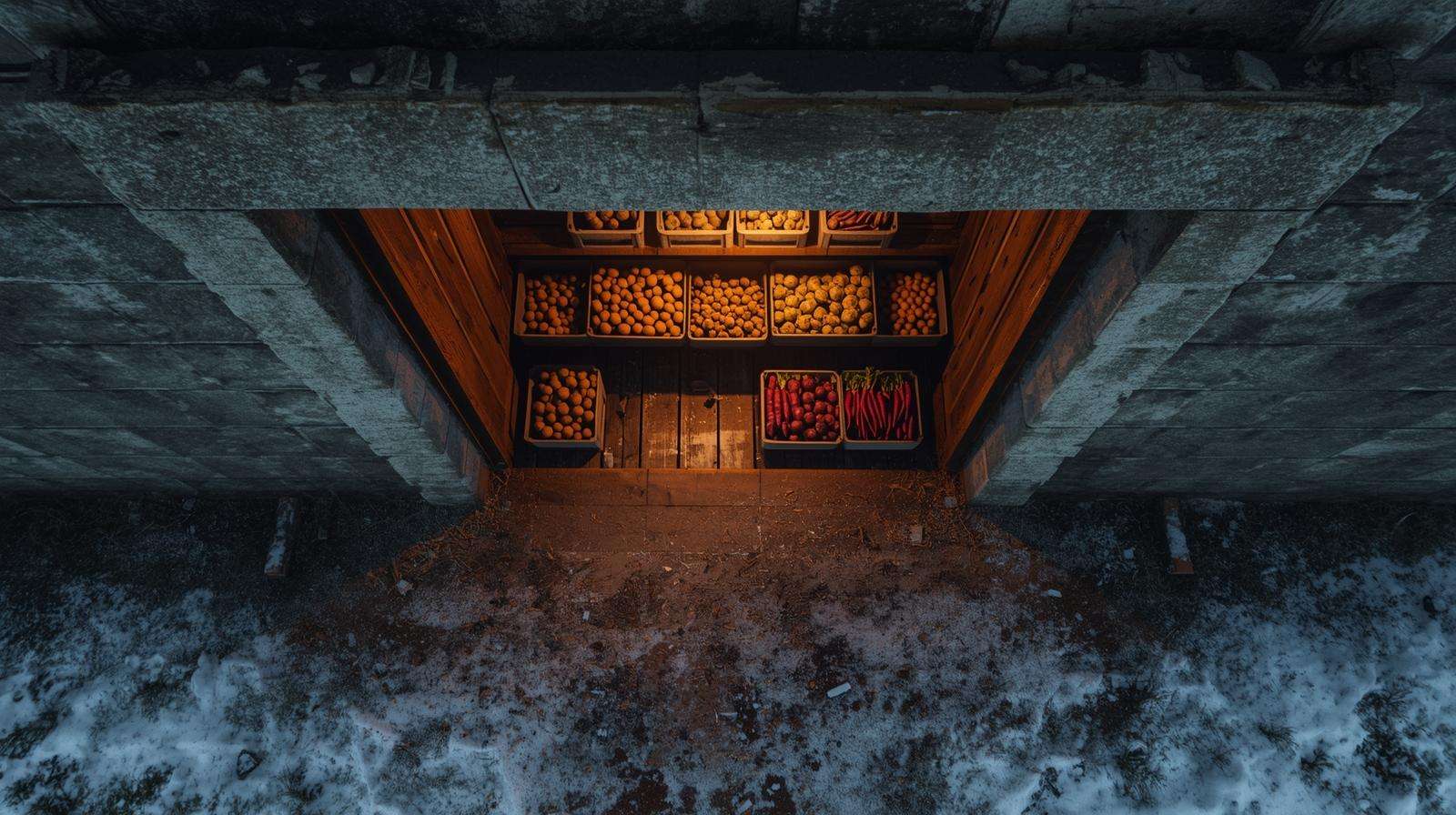 Repurposed coal shoot turned into effective root cellars and in-ground storage — full of fresh winter vegetables.