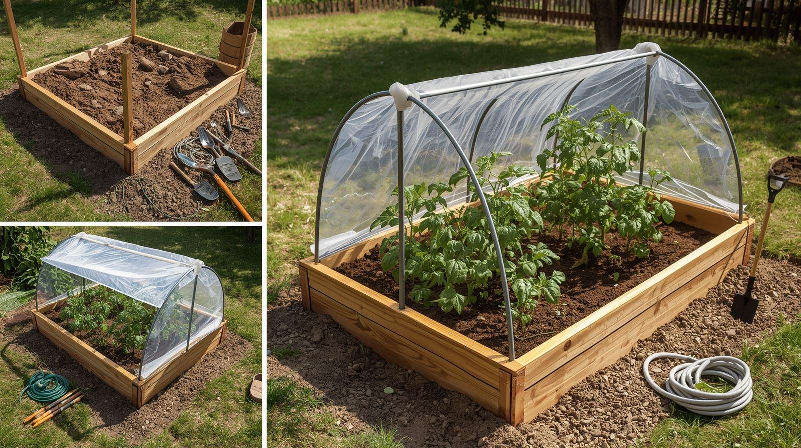 Building heat-resilient beds with frame assembly, soil filling, irrigation, and shade systems for summer crop resilience.