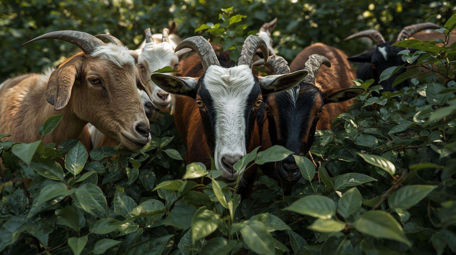 Goats browsing and eating multiflora rose, honeysuckle, and poison ivy vines during targeted brush clearing