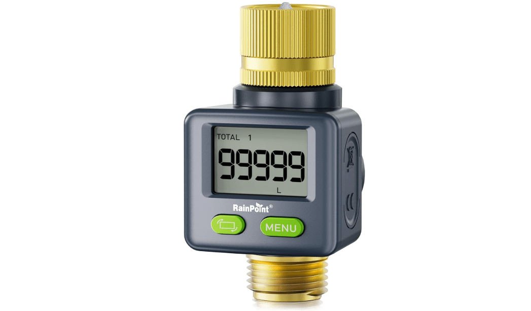 RAINPOINT Water Flow Meter with Brass Inlet & Outlet, 180° Screen-Flip Water Meter, Measure Gallon/Liter Consumption for RV Filling, Garden Watering, Sprinkler and Hoze Nozzle
