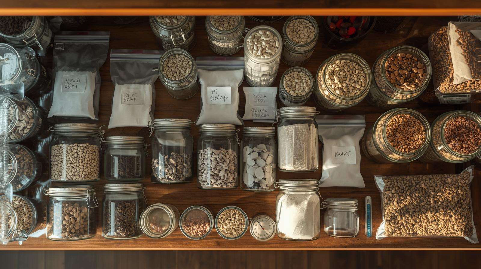 Cool refrigerator storage setup with labeled storing and saving garden seeds — ideal temperature and airtight containers for maximum longevity.