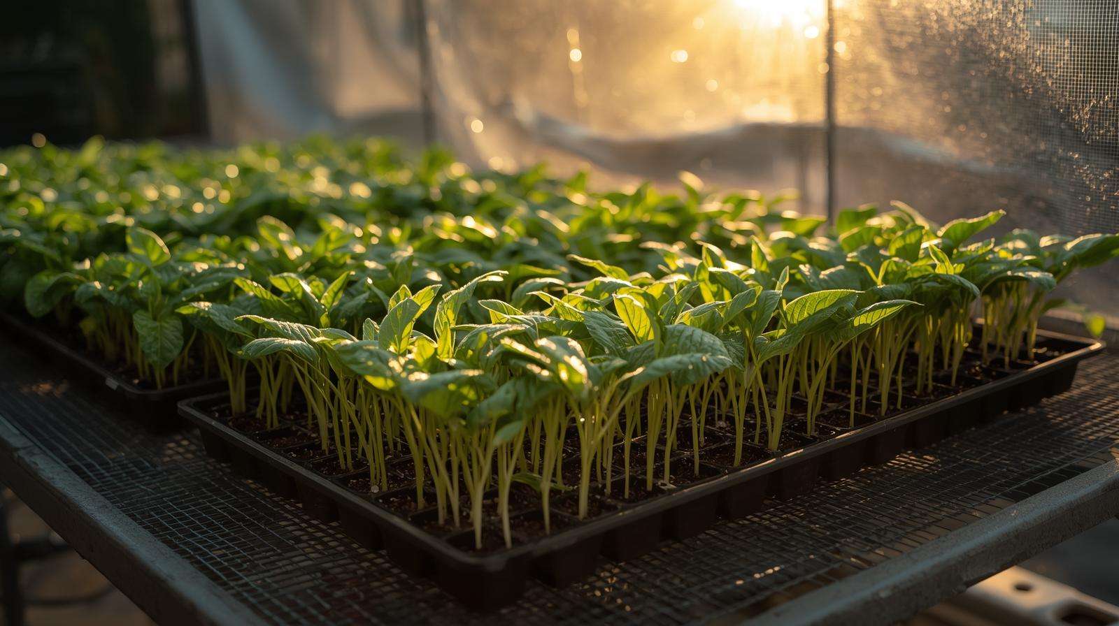 Gradual hardening-off trays of seedlings in shaded outdoor spot — using a new greenhouse wisely with proper step-by-step acclimation before transplanting.