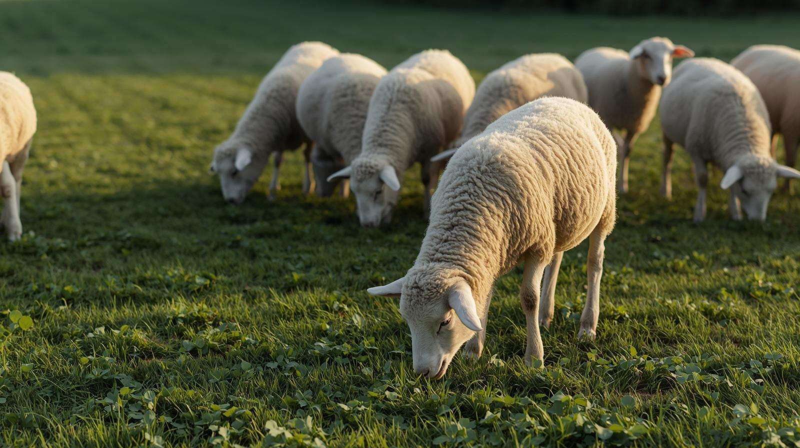 Sheep naturally mowing and maintaining short grass pasture — goats vs sheep for homesteads demonstrating lawn-mowing grazers at work.