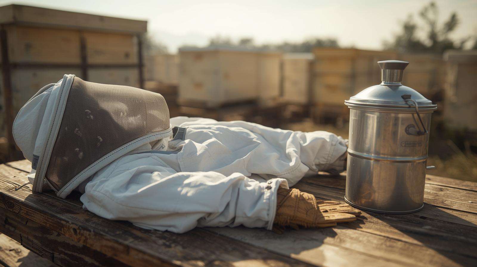 Beginner beekeeping safety equipment including suit and smoker for safe hive management.