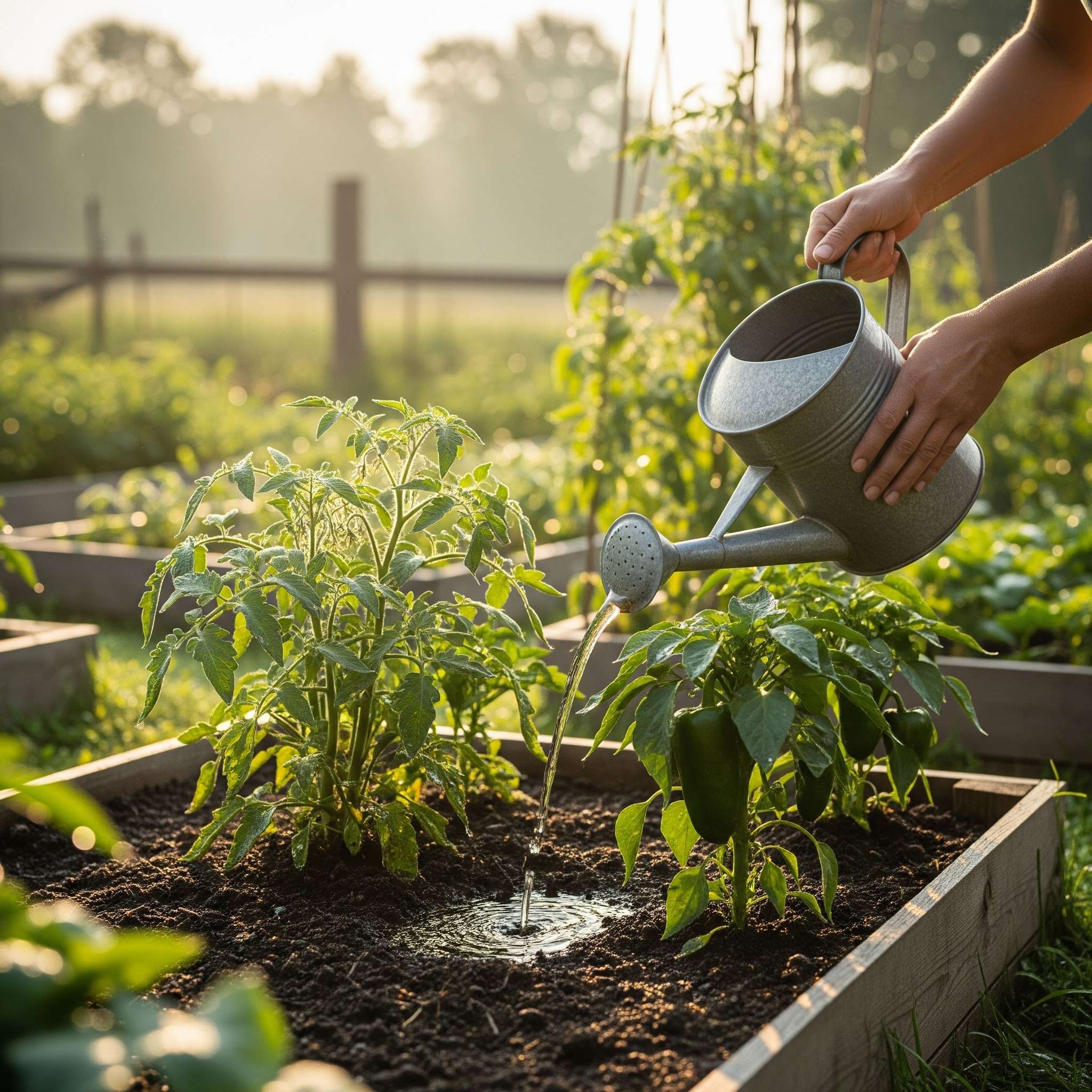 Proper soil drench application of diluted compost tea — using compost tea in the garden with correct ratios for root zone microbial boost.