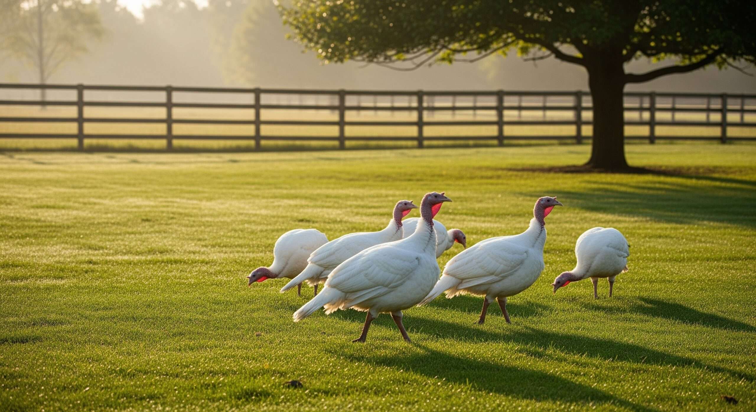 Broad-breasted turkeys grazing on short pasture — homestead turkey basics illustrating fast growth and high meat yield characteristics of commercial breeds.