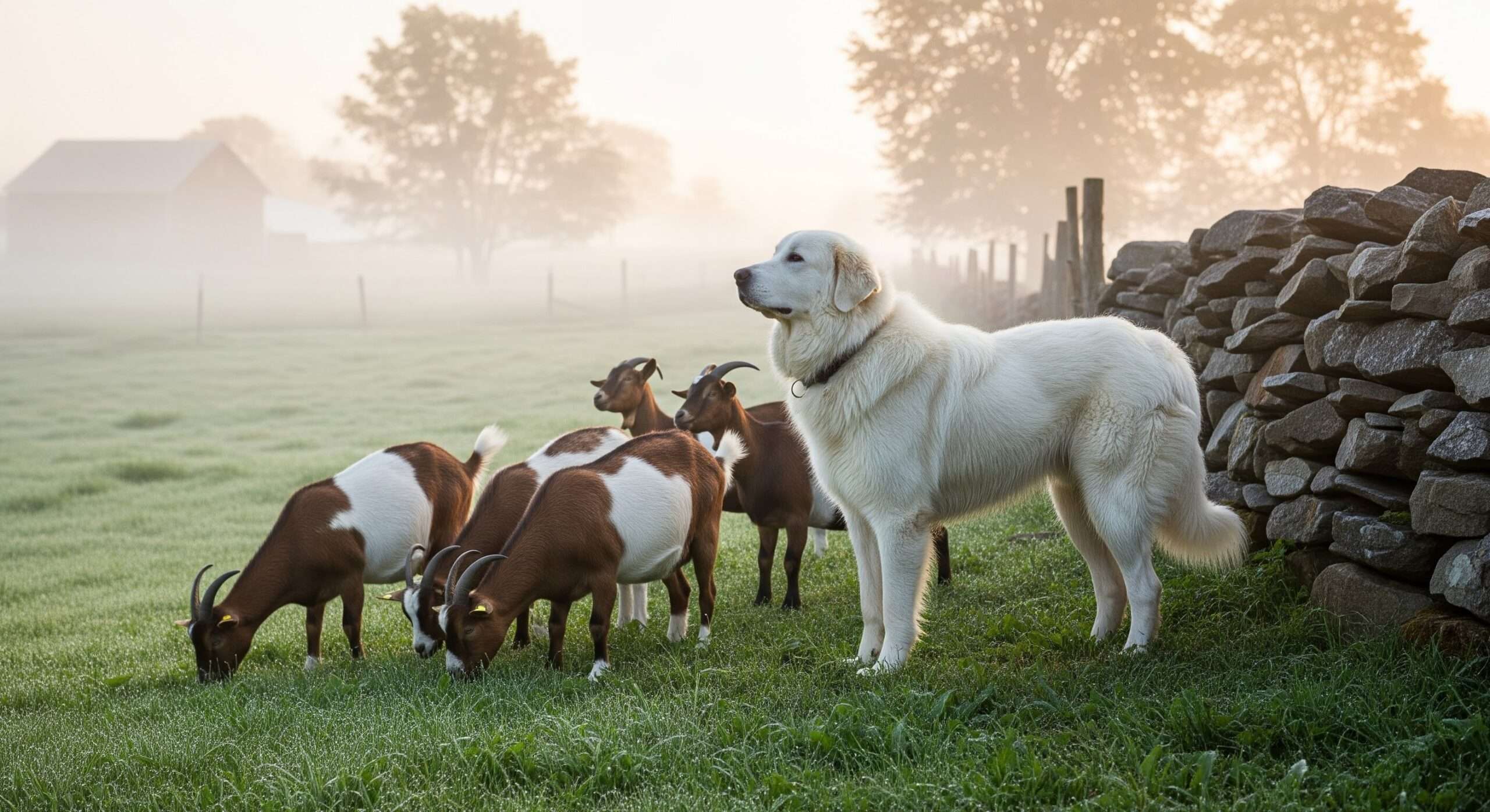 Great Pyrenees protecting goats from predators on a homestead – livestock guardian dog in action for farm security