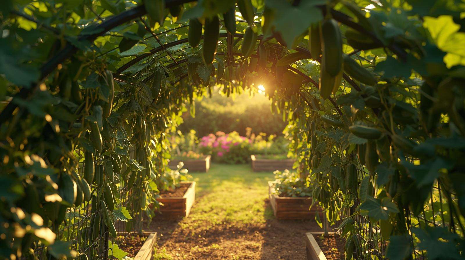 Cattle panel arch trellis for training cucumbers to climb — space-saving, high-yield vertical growing system.