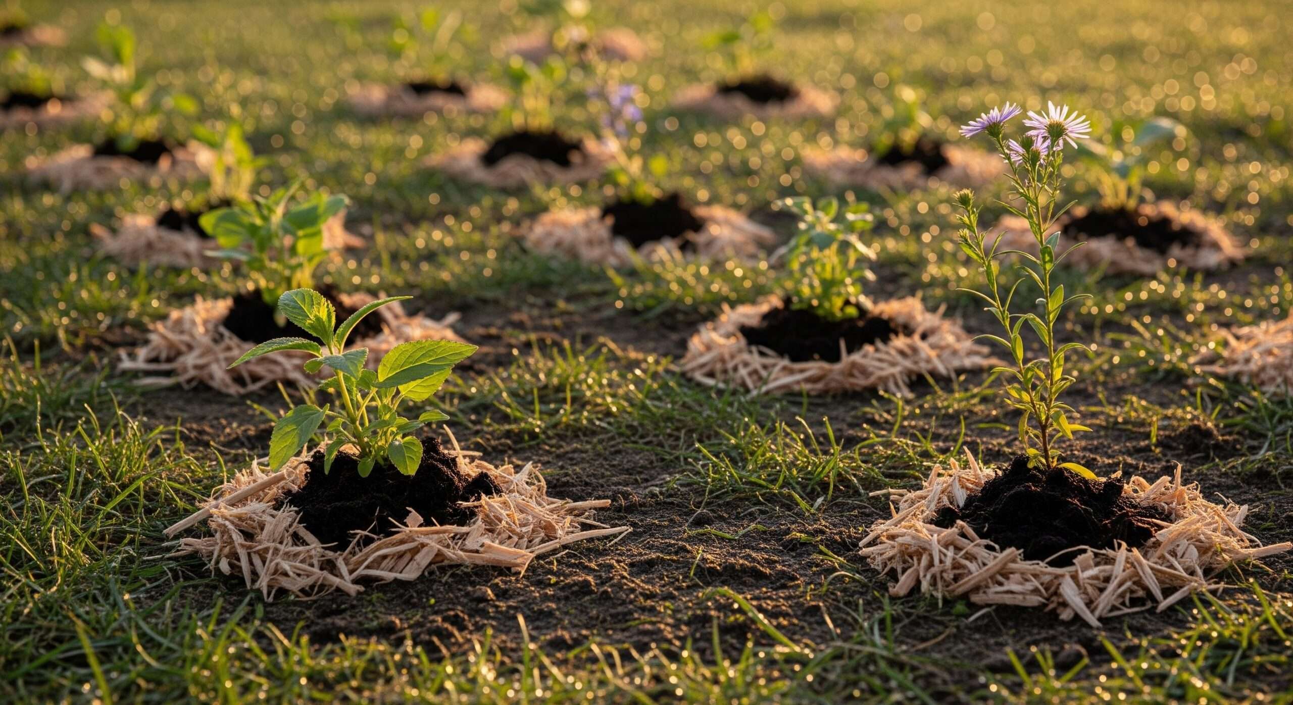 Native plant plugs in lawn for gradual garden conversion – starting small with bee balm and asters