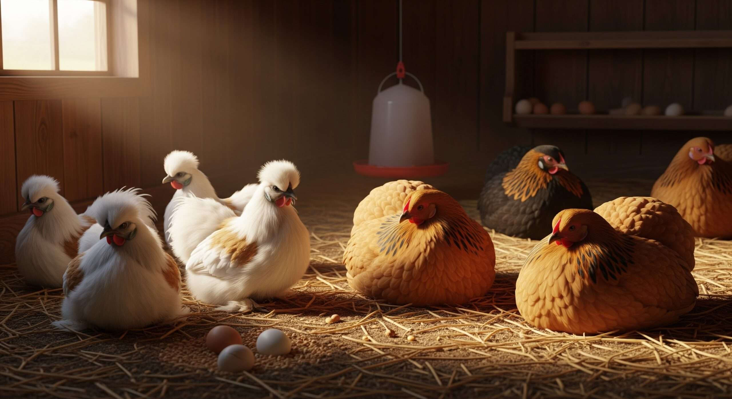 Silkie and Orpington chickens in coop – gentle breeds for backyard family pets