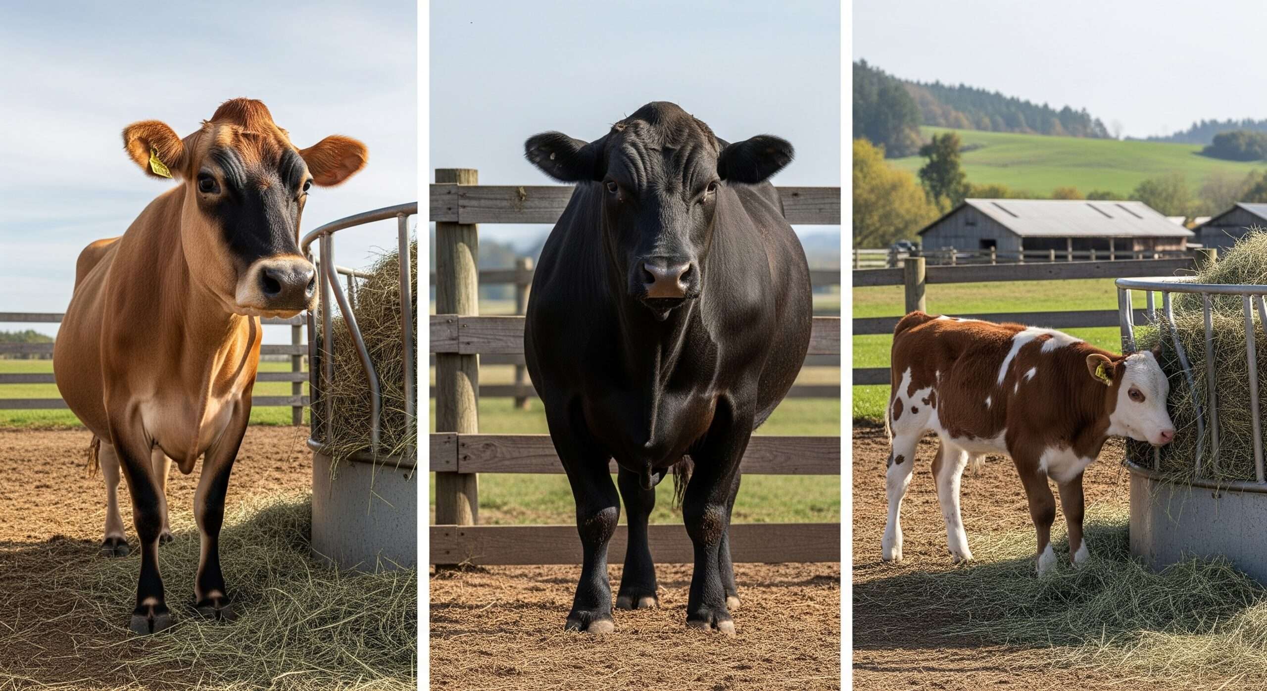 Jersey dairy cow, Angus bull, and dairy-beef cross calf – breed choices for family cow breeding