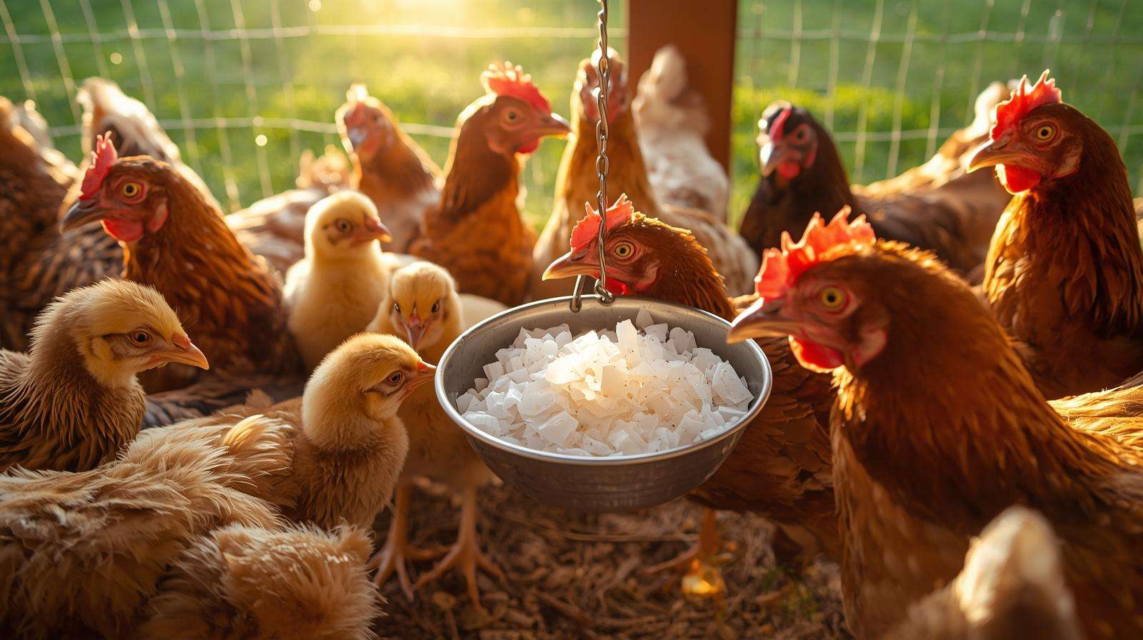 Free-choice oyster shell calcium station for layers — feeding mixed-age chicken flocks safely with separate calcium for strong eggshells.