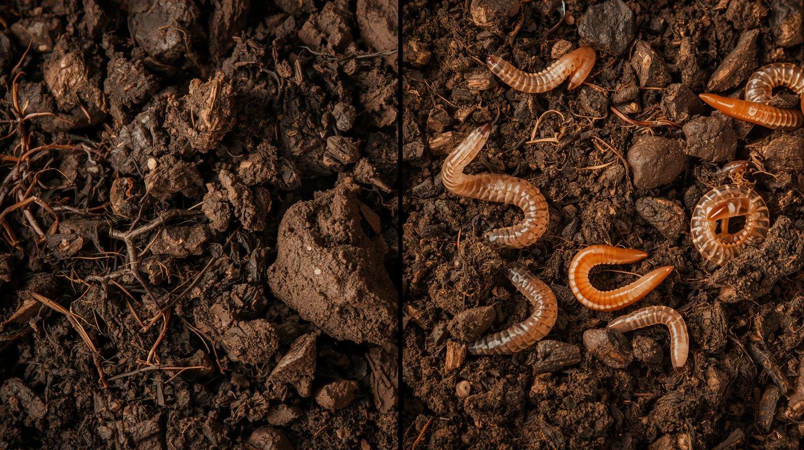 Before and after comparison of garden soil improved by using compost for better structure and nutrients.