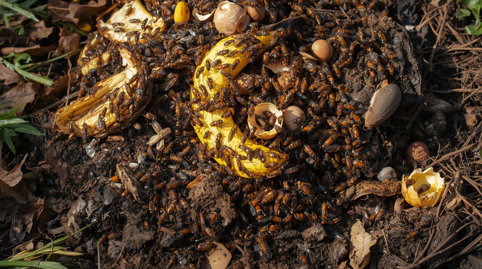 Compost pile with pest infestation including flies and rodents