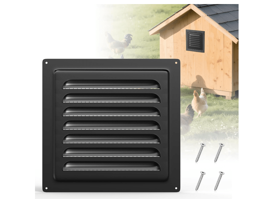 Flehomo Chicken Coop Louver Vent Grille with Built-in Screen Mesh, 6" x 6" Metal Wall Vent, Square Louvered Vent Grille for Chicken Coops, Chicken Coop Accessories for Exhaust, Black
