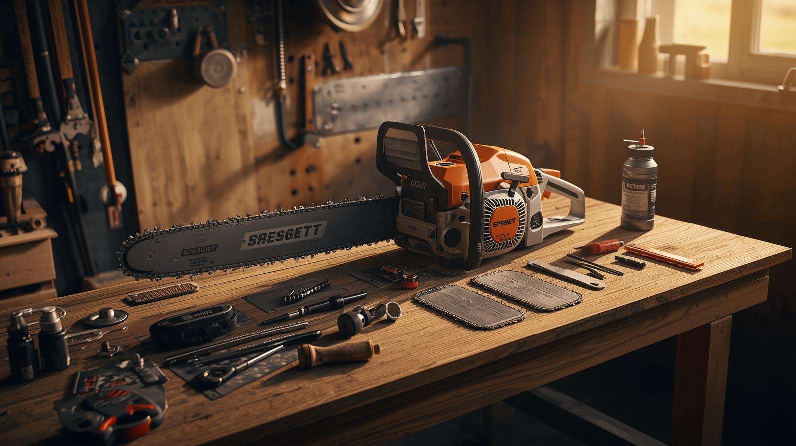 Chainsaw maintenance setup for affordable firewood — tools, chain, and bar ready for sharpening and care.