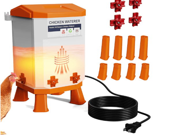 Heated Chicken Waterer 3.2 Gallon, Chicken Water Heater for Winter, Freeze Proof Chicken Waterer, 4 Nipples for Clean Water，Detachable Legs, Adjustable Height for Chickens, Pigeons, Beaked Poultry