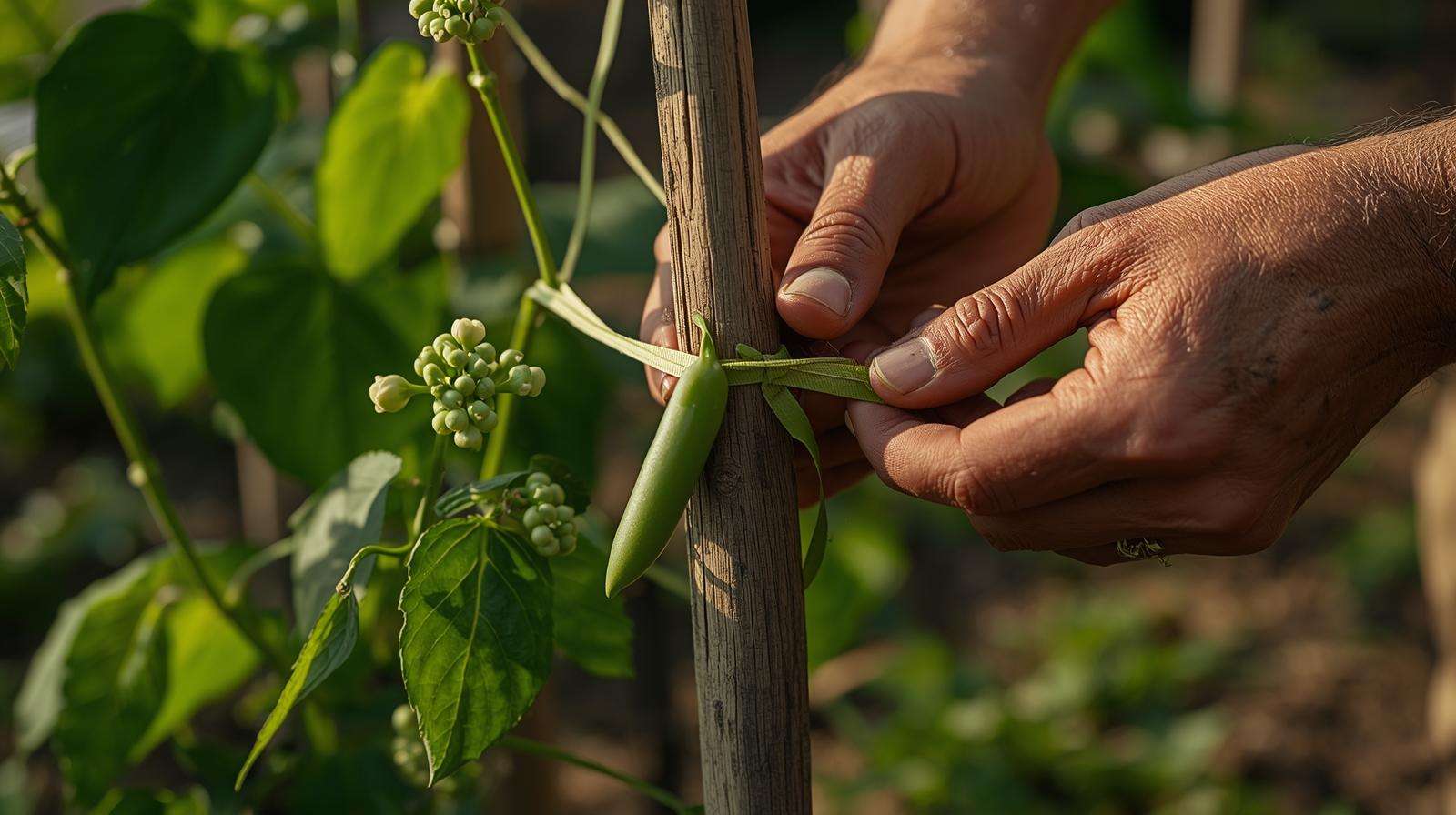 Proper tying technique for training vines on trellises for peas and beans — preventing damage and guiding growth.