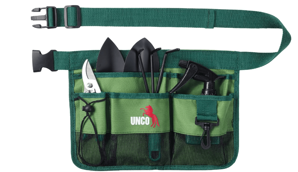 UNCO- Adjustable Gardening Belt, Green, 7 Pockets, Wear, Cut and Water Resistant, Garden Tool Belt Pouch, Waist Apron with Pockets
