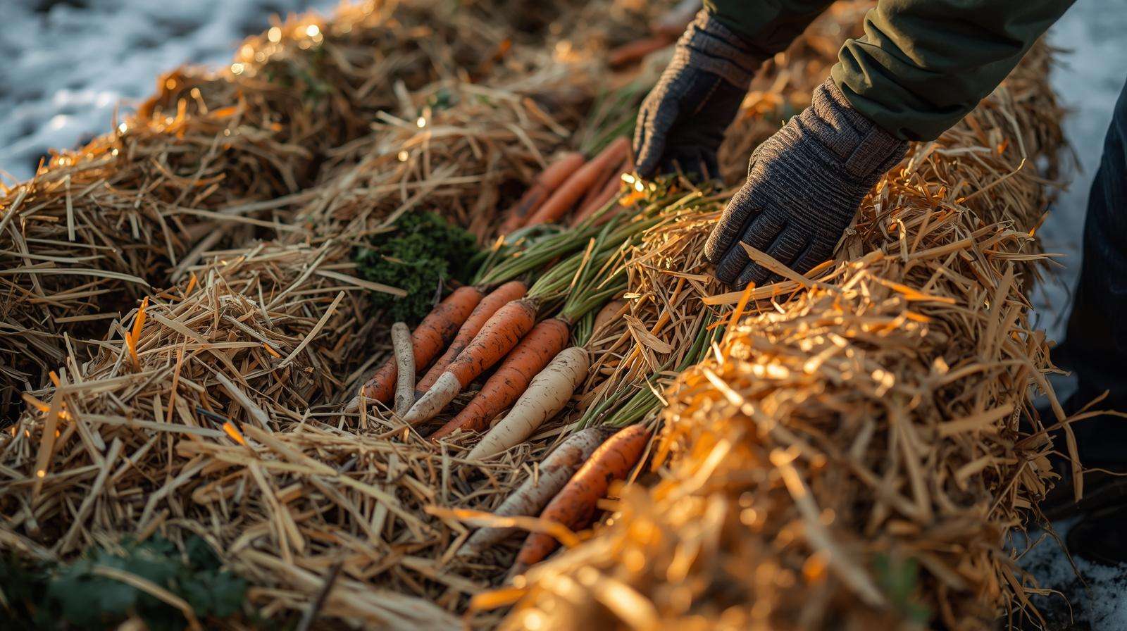 In-ground storage bed with heavy mulch — root cellars and in-ground storage method for harvesting fresh roots straight from the garden in winter.
