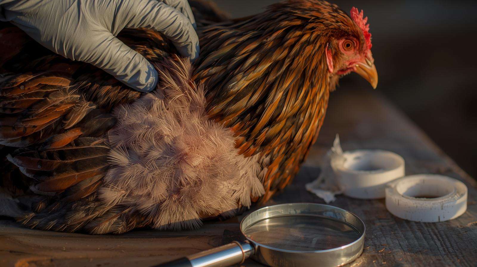Hands-on feather inspection for feather loss vs molting — distinguishing normal pin feathers from abnormal pecking damage.