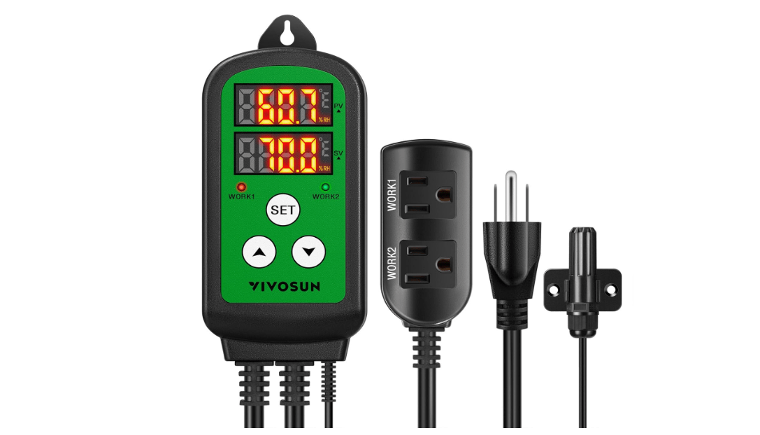 VIVOSUN Humidity Controller, 1200W Dual-Stage Outlet, Pre-Wired Digital Humidistat with Dual LED Displays for Humidifier/Dehumidifier/Fan, Ideal for Greenhouse, Grow Tent, Home-Brewing, Mushroom
