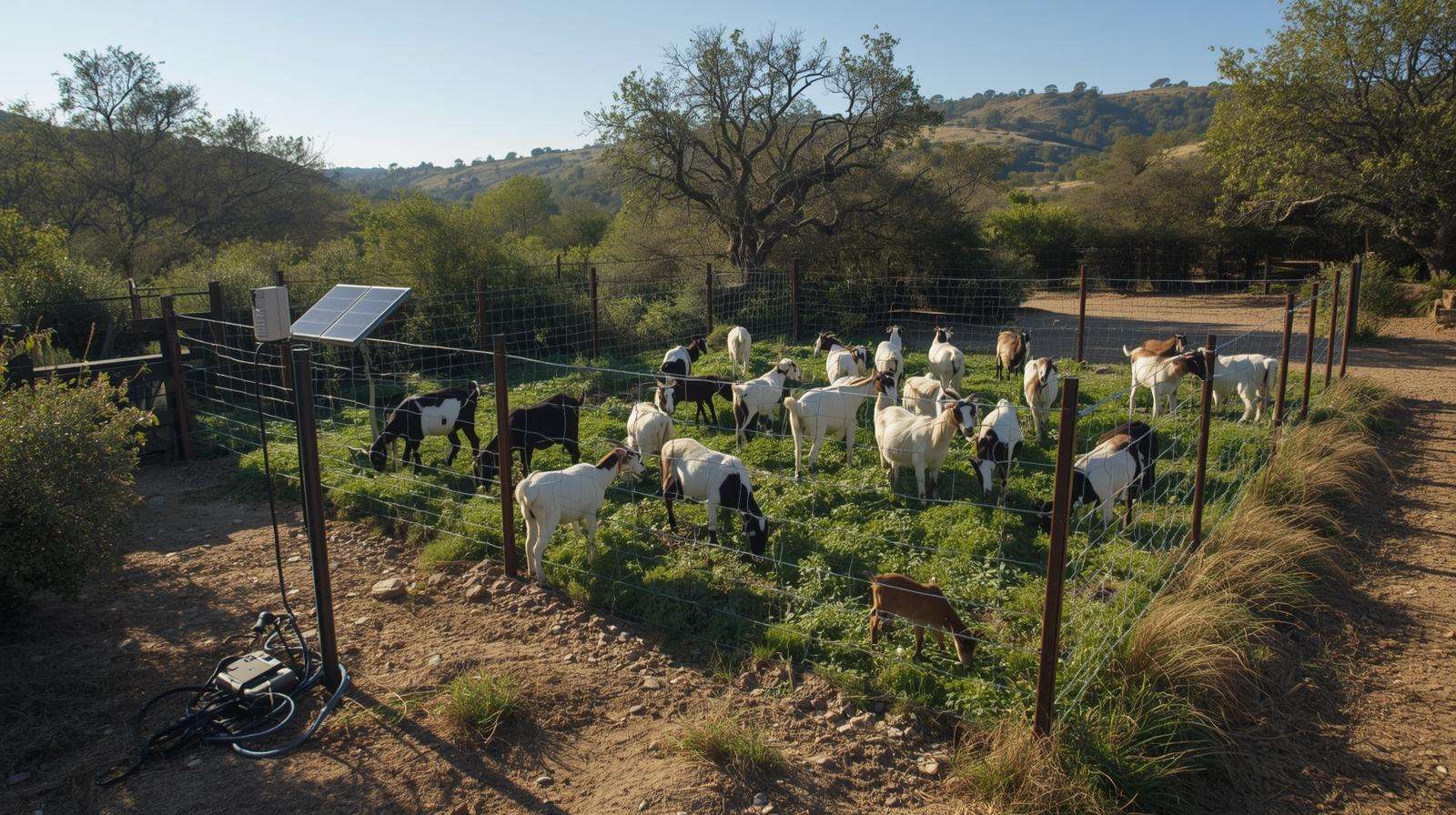 Goats contained by portable electric netting during rotational brush clearing on rural land