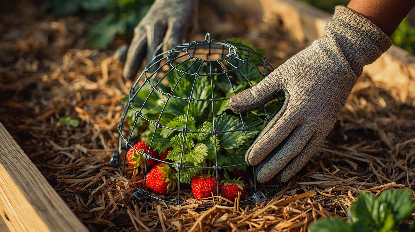 DIY wire cage protecting strawberry plant from birds and critters — protecting strawberries from slugs and birds with simple physical barrier.