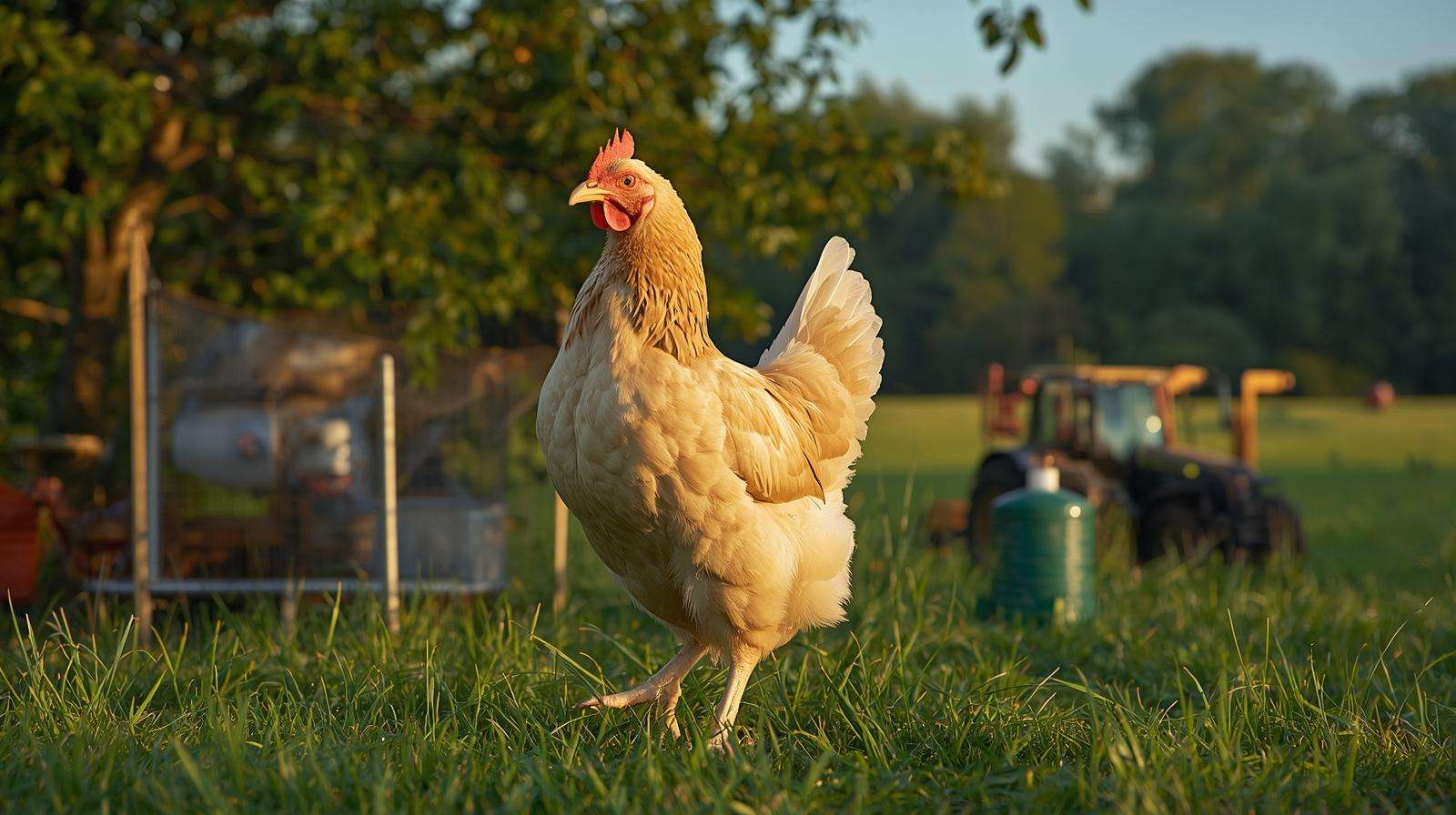 Healthy Cornish Cross broiler on pasture with shade and water — Cornish Cross on pasture management to prevent leg and heart issues.