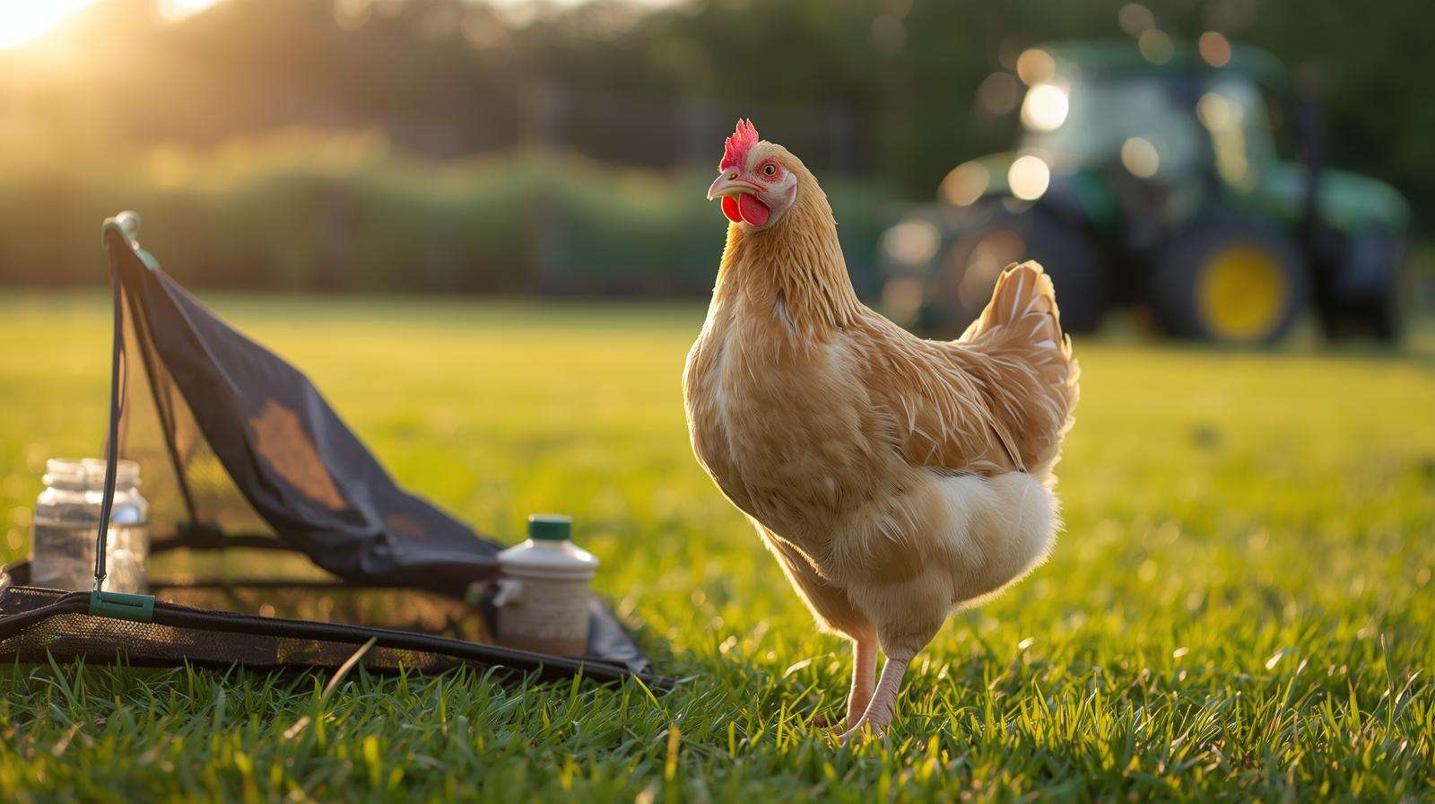 Healthy Cornish Cross broiler on pasture with shade and water — Cornish Cross on pasture management preventing leg issues and heat stress.