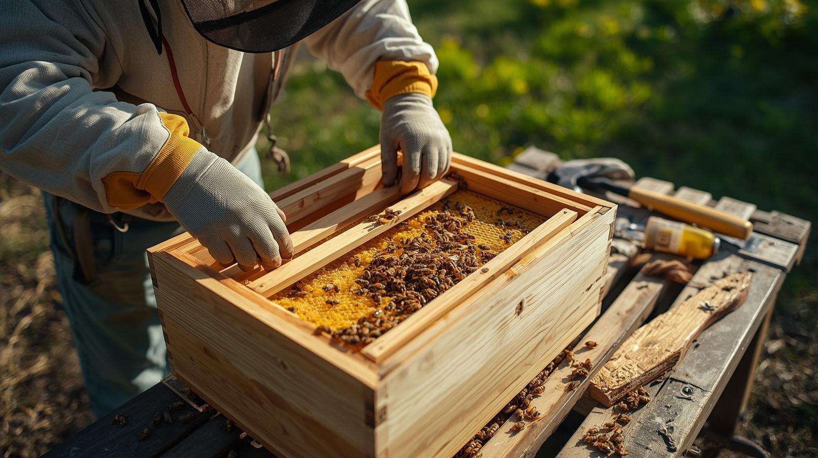 Assembling a beginner beehive in backyard with tools for starting beekeeping.