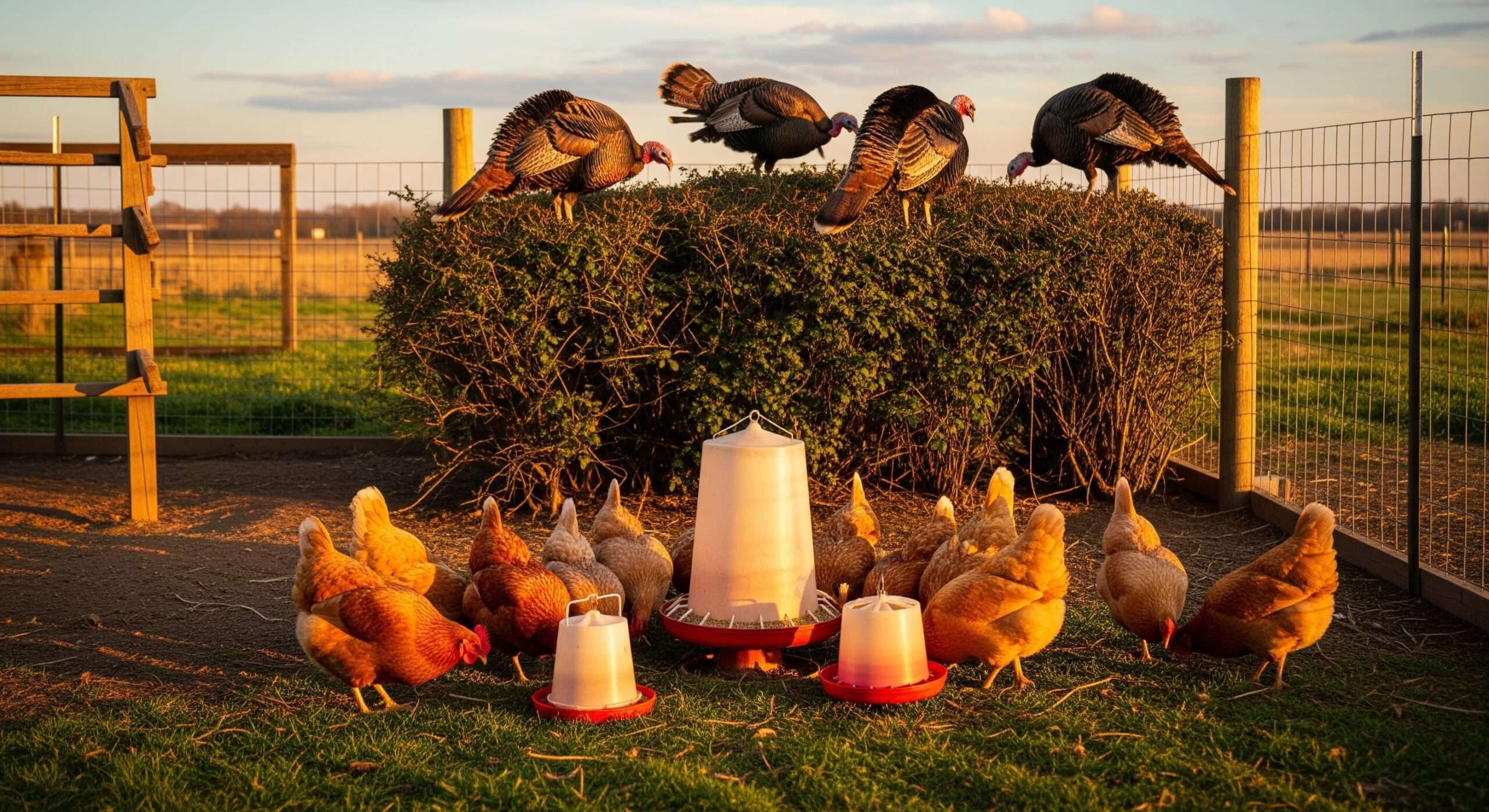 Safe mixed flock of heritage turkeys and chickens in a homestead run — homestead turkey basics showing proper space separation and coexistence.