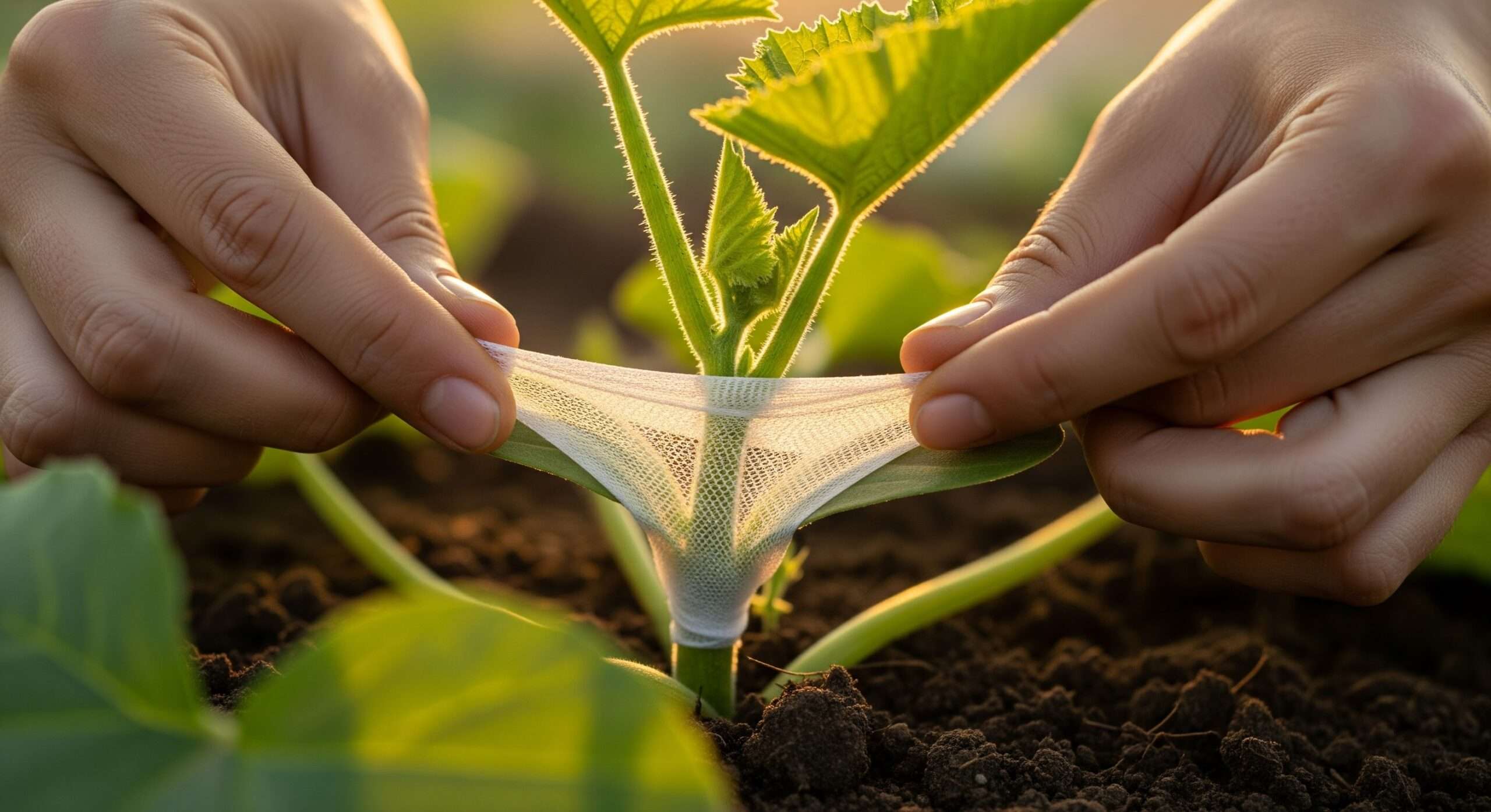 Step-by-step stem wrapping with pantyhose for squash vine borer prevention — fighting squash vine borers with simple, effective early protection.