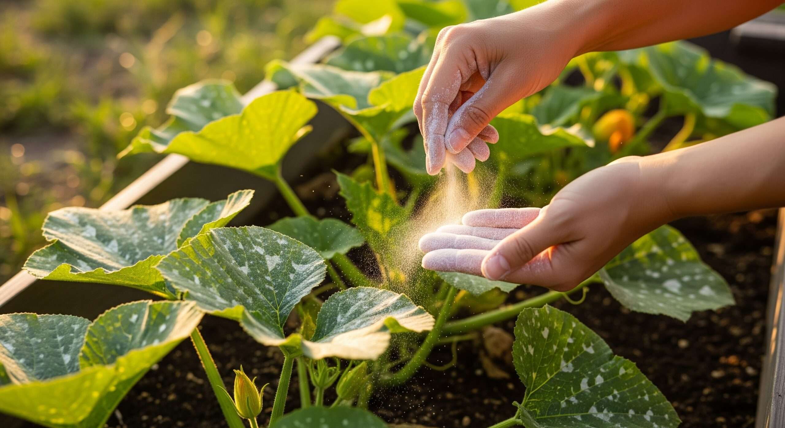 Applying diatomaceous earth to squash leaves for pest control — when squash pests make you quit with natural rotation methods to save your crop.