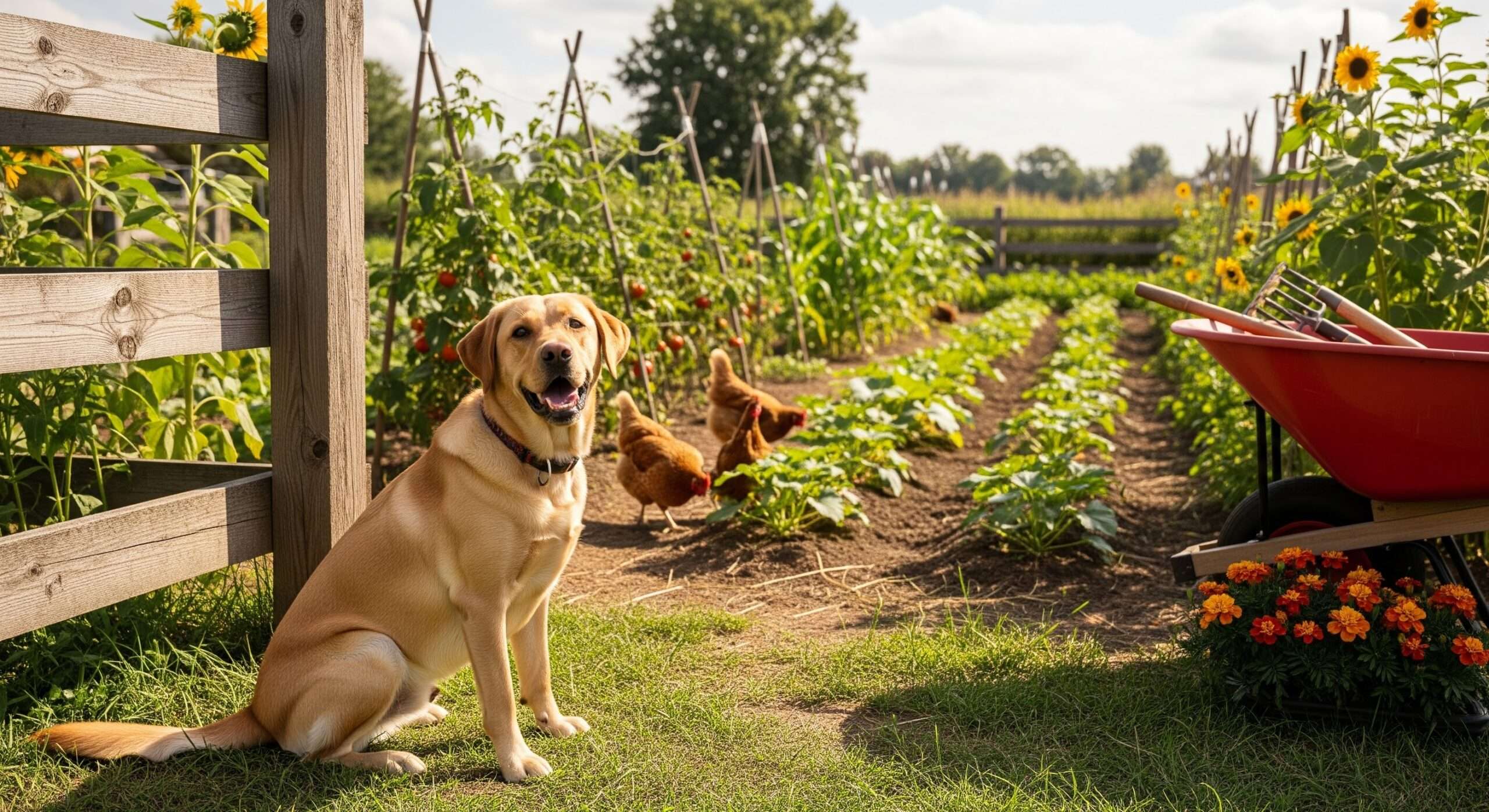 Labrador Retriever as a companion farm dog watching over chickens – multi-purpose breeds for homestead life