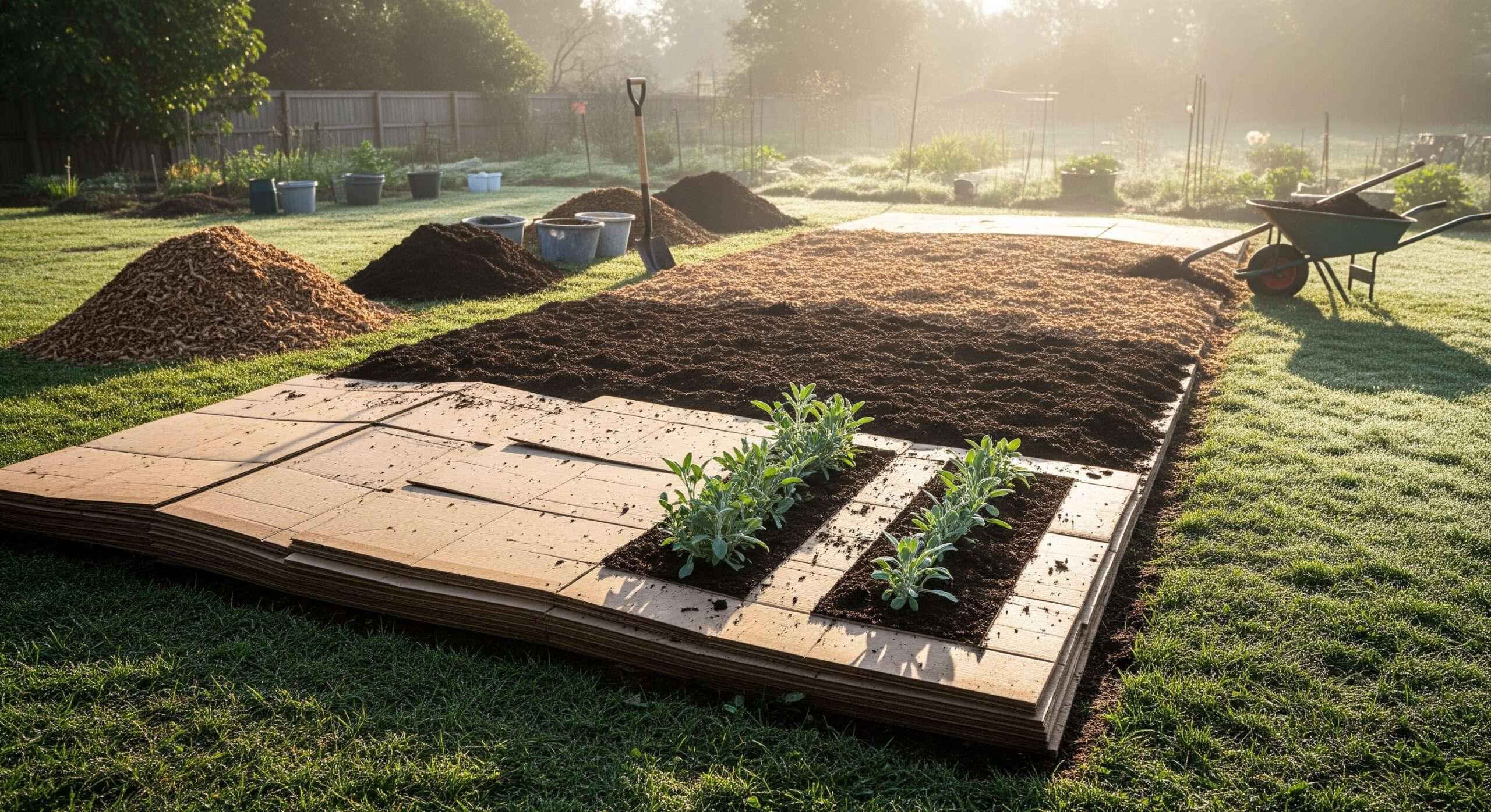 Sheet mulching lawn strip with cardboard and wood chips – step-by-step for turning lawn into pollinator garden