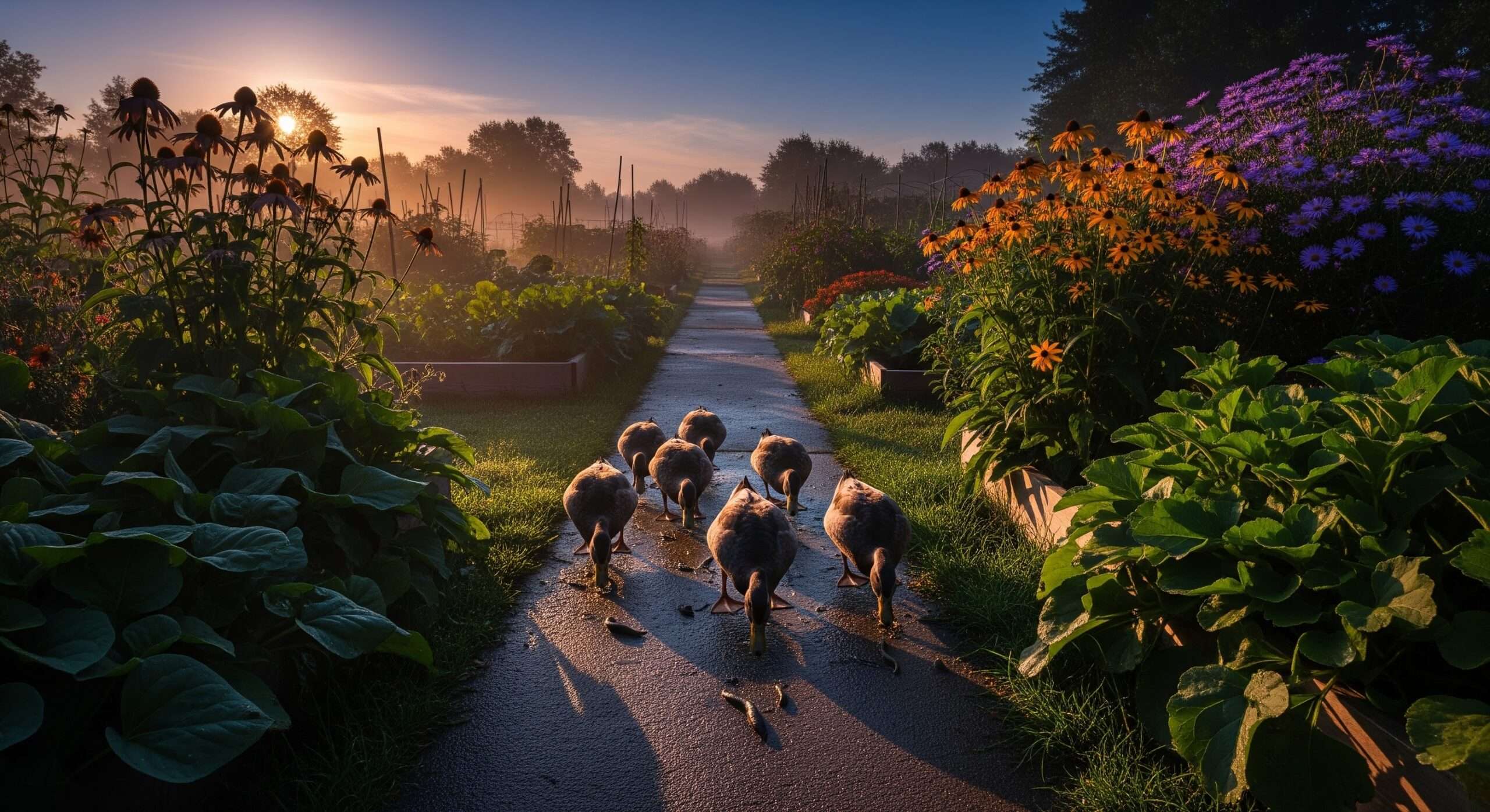 Ducks on night patrol in vegetable garden – natural slug hunting at dusk