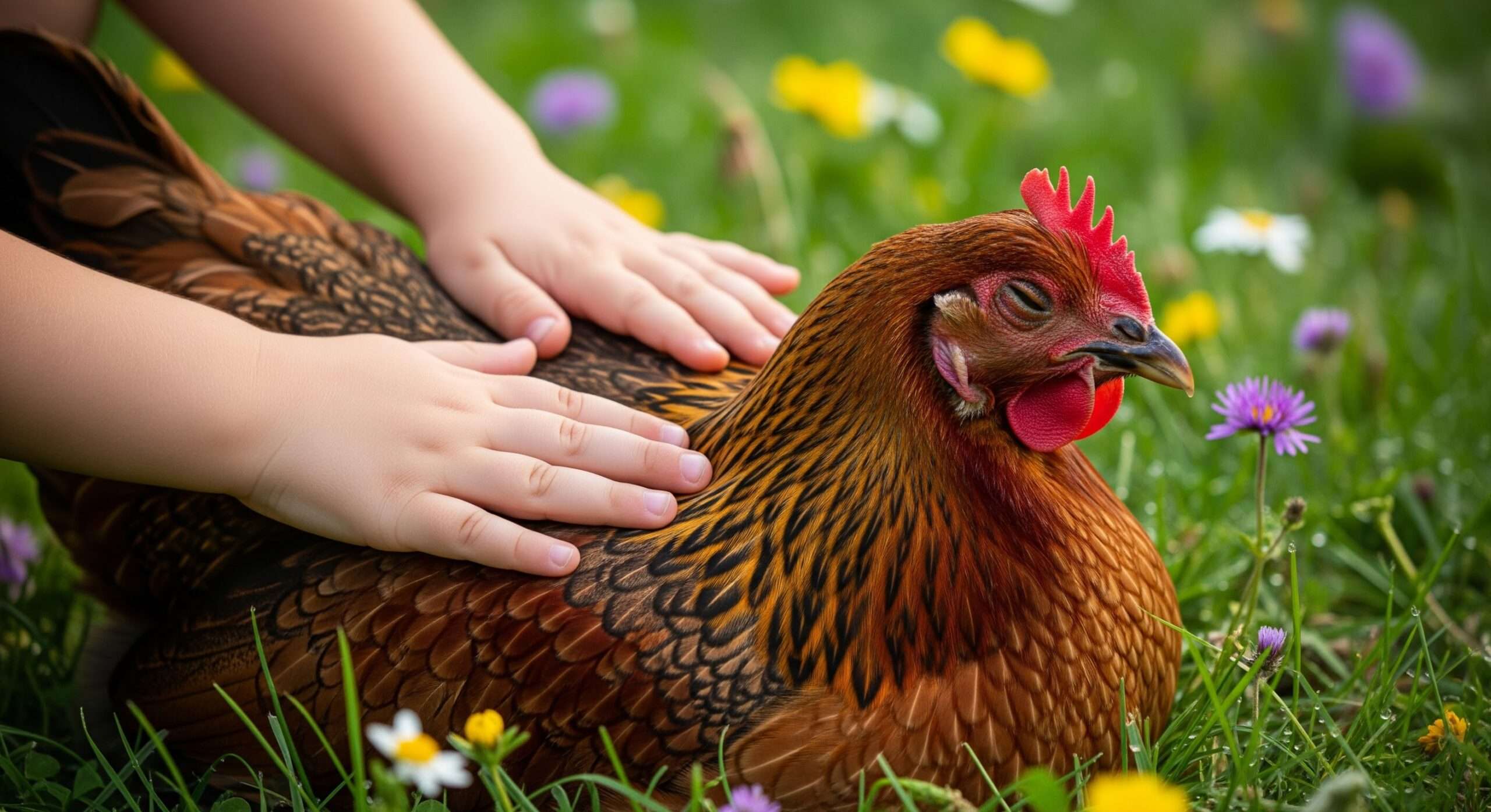 Child gently handling chicken – safe techniques for kids with backyard pets