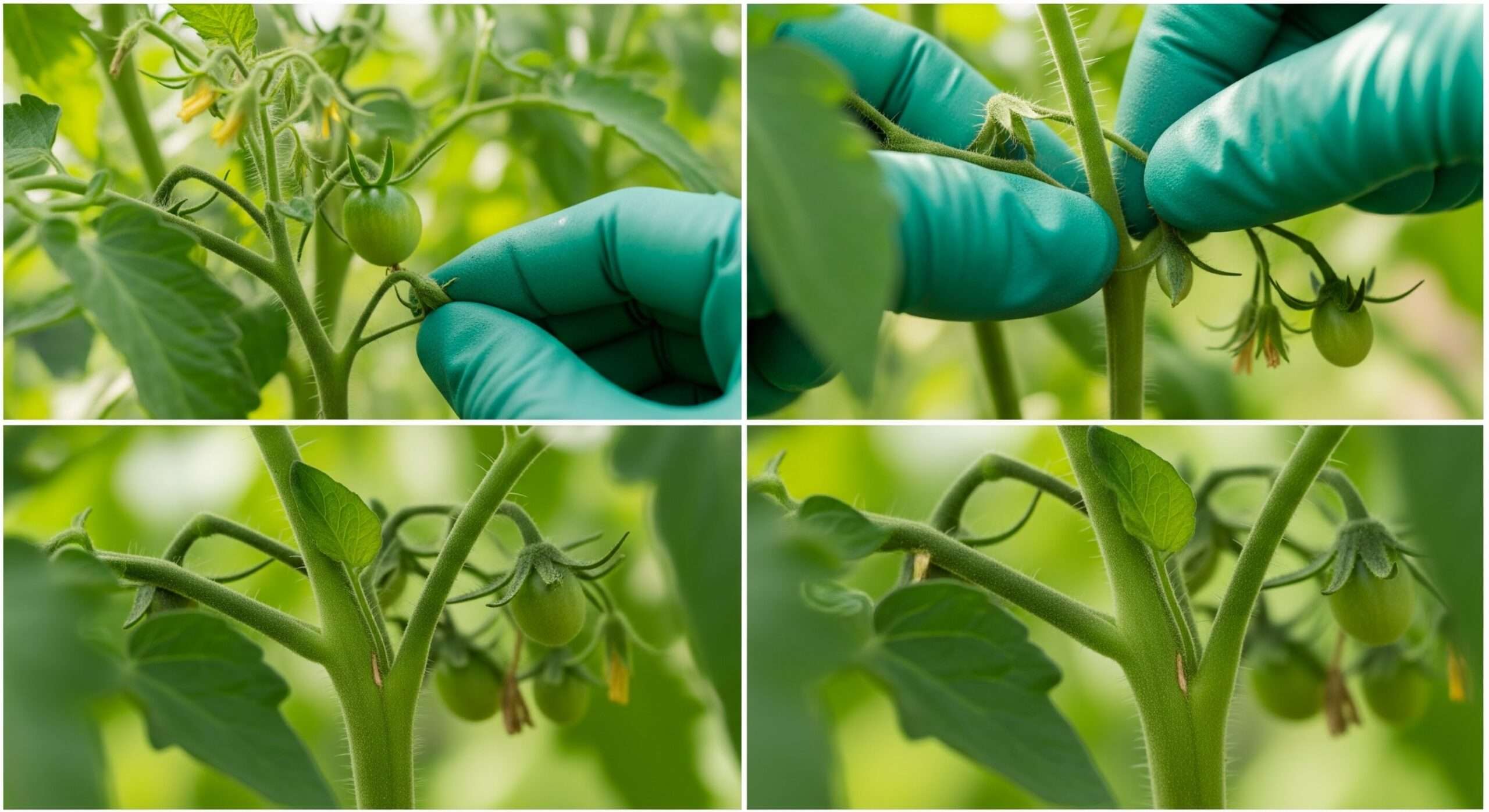 Close-up of hand pruning tomato sucker correctly – clean technique without damaging stem