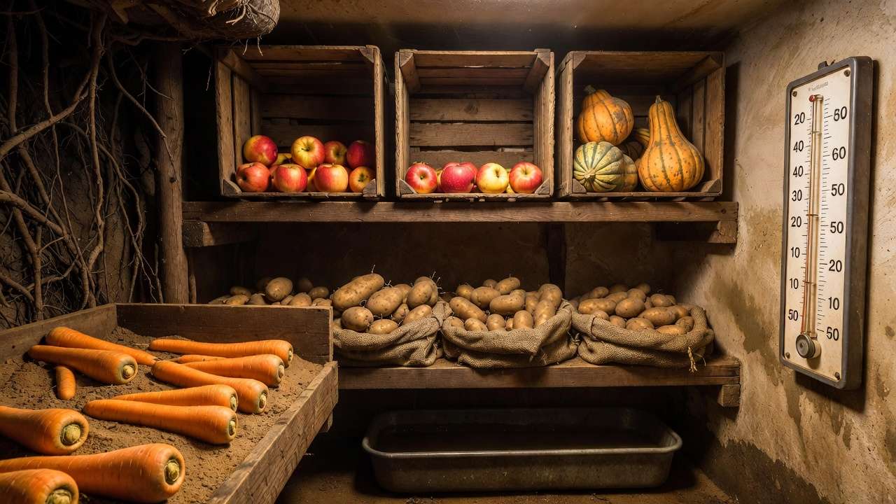 Root cellar shelves with carrots in sand, potatoes in sacks, apples and squash – ideal 40–60°F crop storage zones