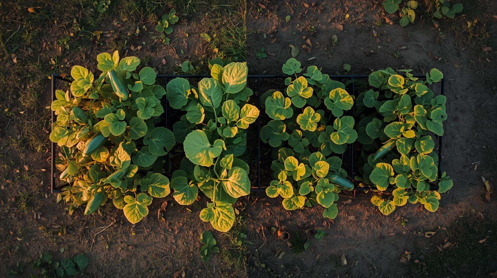 Before-and-after overcrowding on a cucumber trellis — how many cucumbers per trellis is too many vs optimal spacing for big yields.