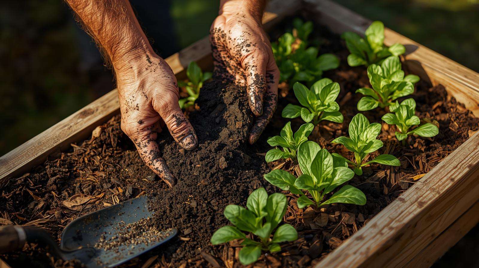Applying compost as mulch around garden plants to retain moisture and suppress weeds.