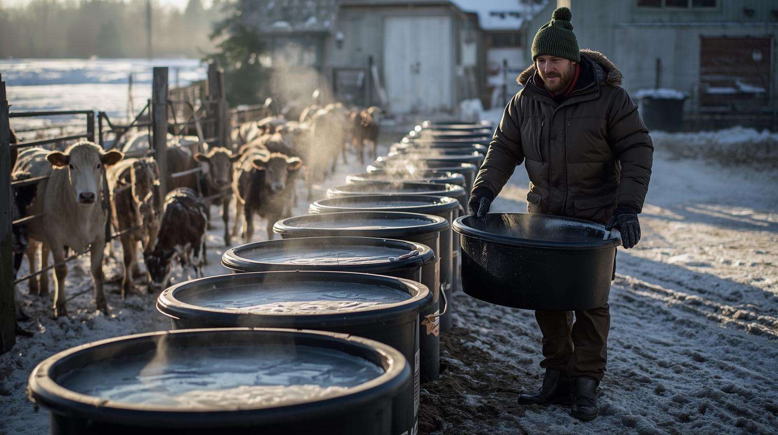 Daily tub swapping for no-electricity winter water hacks — replacing frozen waterers with warm ones to keep livestock hydrated.