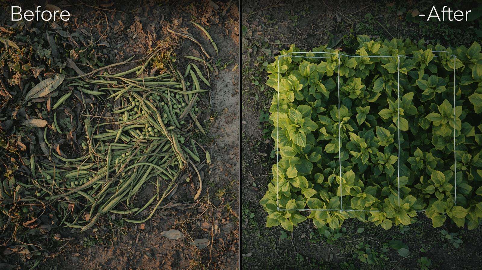 Before-and-after transformation using trellises for peas and beans — ground sprawl vs vertical abundance and clean harvest.