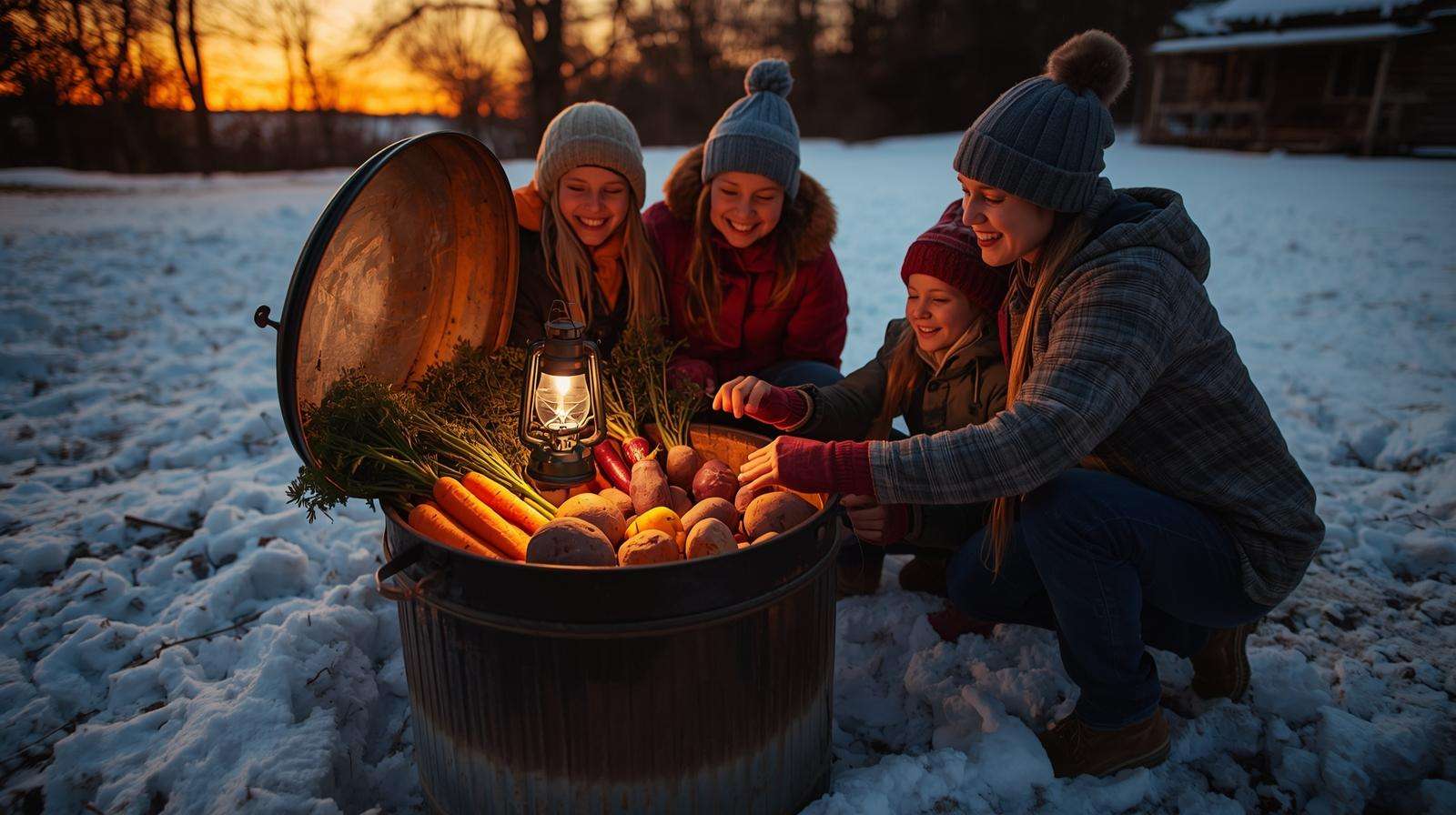 Family harvesting fresh vegetables from a trash-can root cellars and in-ground storage system — abundance in the middle of winter.