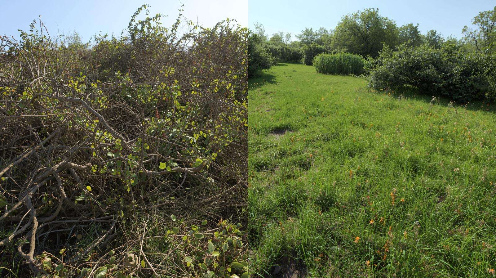 Before and after view of land transformed by using goats for brush clearing, showing invasive overgrowth vs cleared natural regeneration