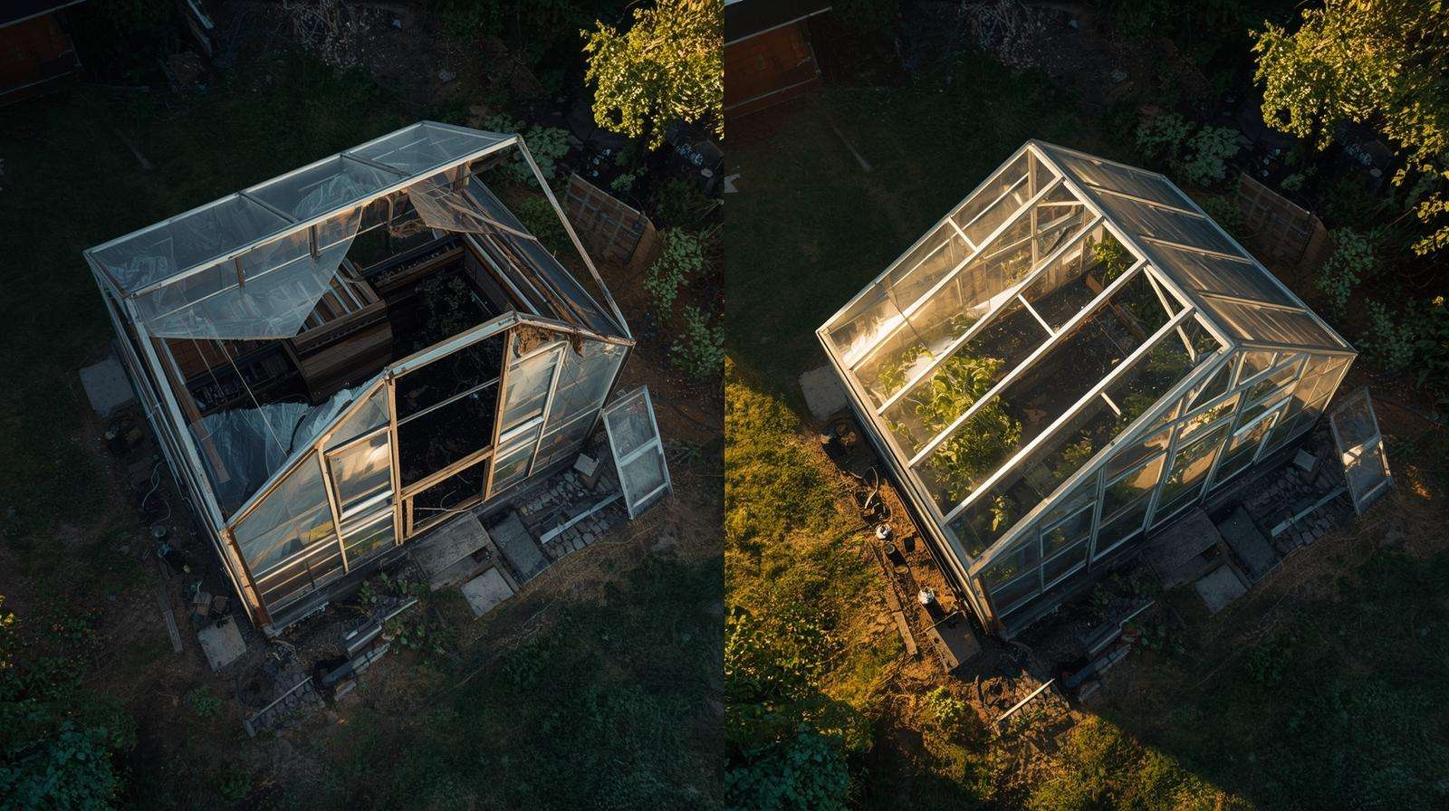 Before-and-after success with starter greenhouses on a budget — failed cheap kit vs durable Harbor Freight frame build after winter storm.