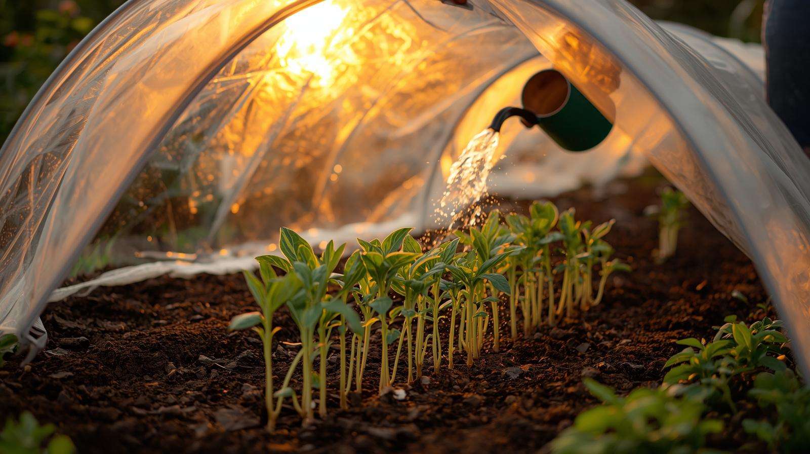 Freshly transplanted seedlings protected with row cover — using a new greenhouse wisely showing successful transition and first-week care outdoors.