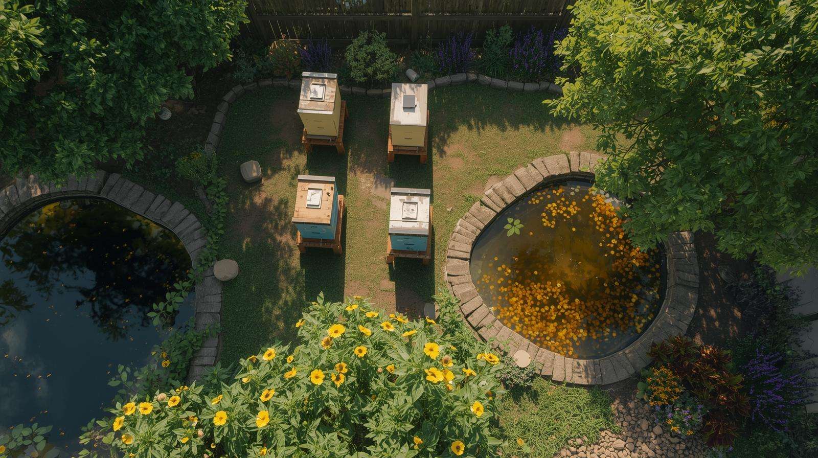 Backyard apiary site with fencing, water source, and shade for small-scale beekeeping preparation.