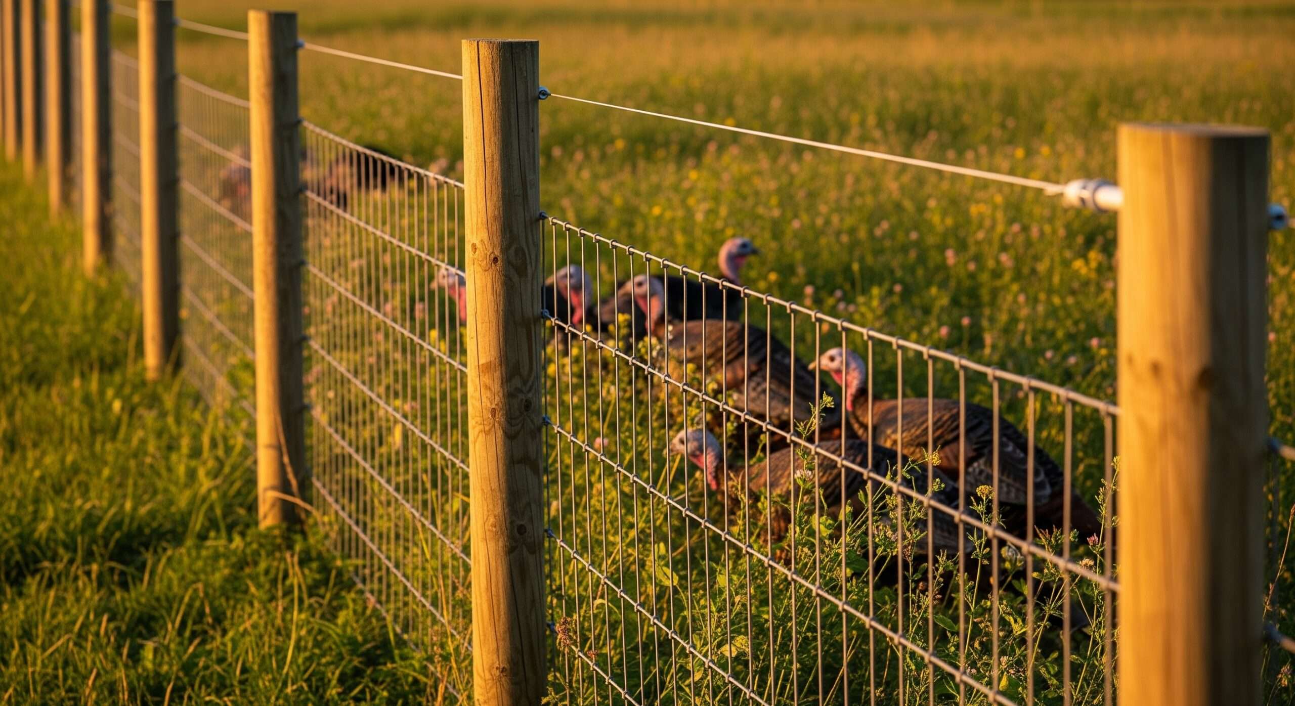 Secure high fencing for homestead turkeys — homestead turkey basics illustrating essential containment and predator protection requirements.